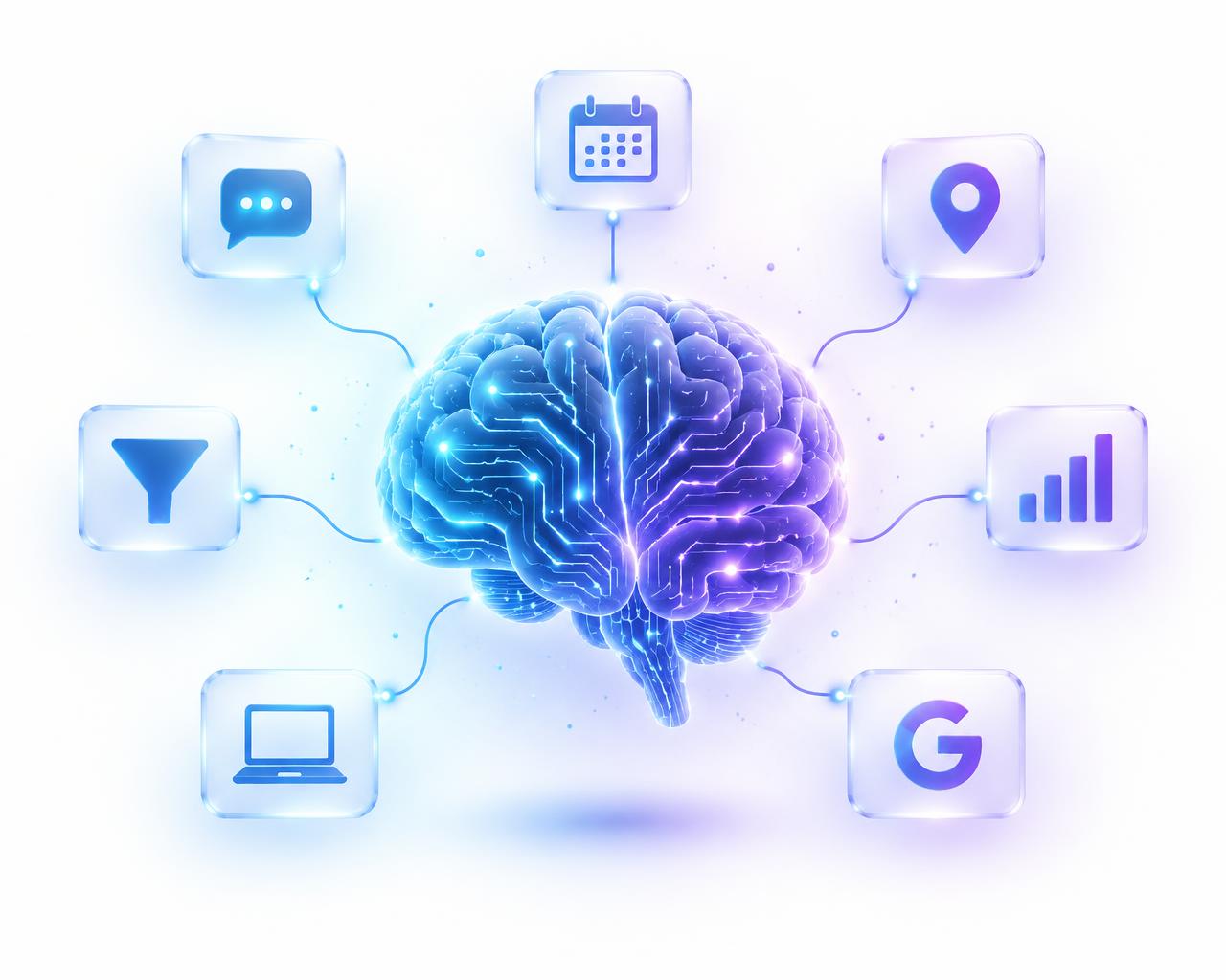 Cérebro de IA conectado a WhatsApp, Google, CRM, calendário, funil e dashboard